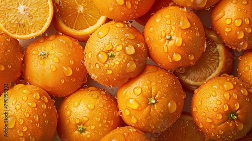 Vibrant close up of fresh, juicy oranges with water droplets, emphasizing freshness, health, and natural hydration Ideal for food and wellness themes