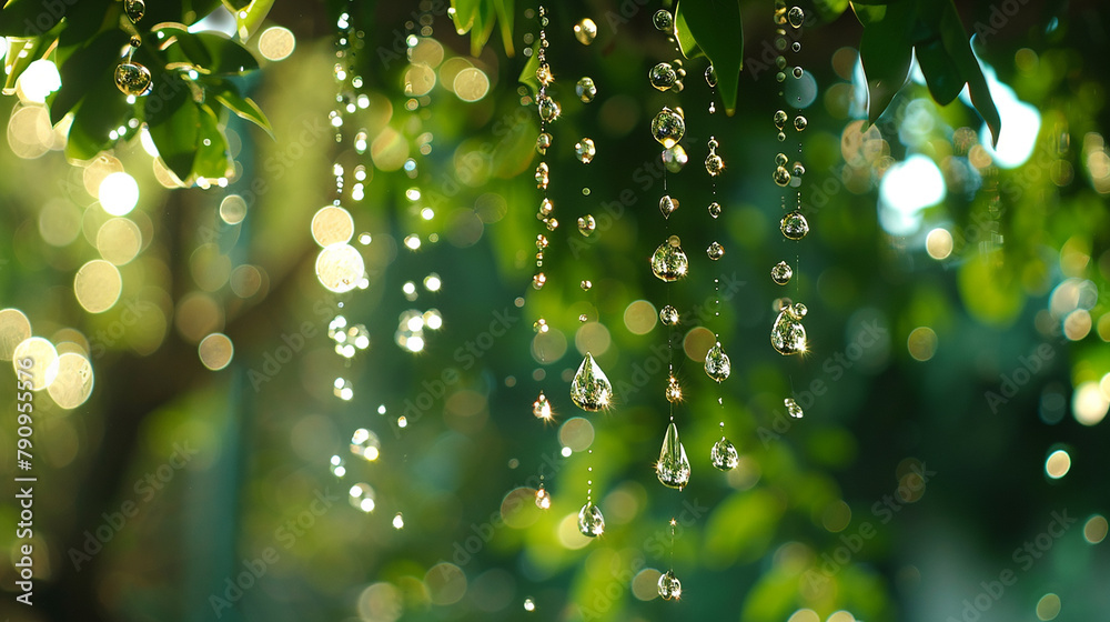 Water droplets hang suspended in the air like tiny diamonds