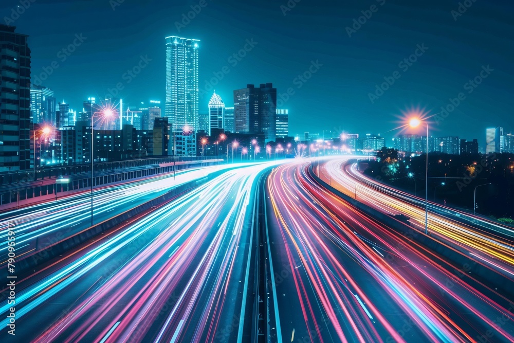High speed expressway illuminated by colorful light trails under a starry sky symbolizing urban motion