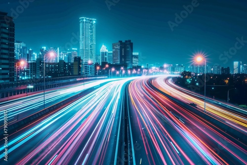 High speed expressway illuminated by colorful light trails under a starry sky symbolizing urban motion