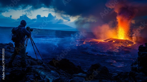 A lone photographer capturing the awe-inspiring beauty of a volcanic eruption from a safe vantage point, risking it all for the perfect shot.