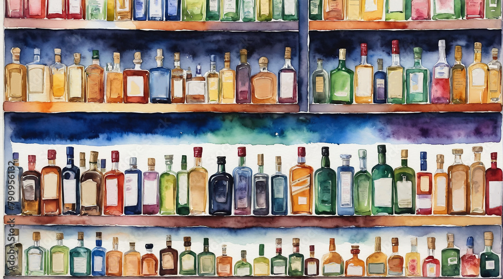 Various colored liquor bottles many sizes on the shelf, watercolor painting style, generative AI.