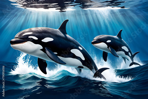 family of killer whales plays in the ocean waves on a sunny day underwater. World Whale Day.