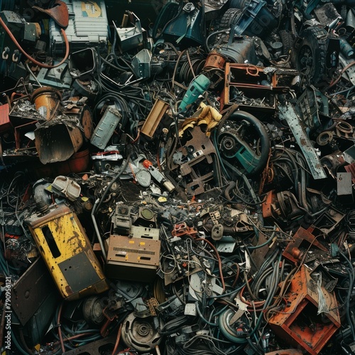 The picture shows a cluttered junkyard with assorted electronic waste. Various items, including old computers, wires, machinery parts, and electrical components, are tangled. Ai generated