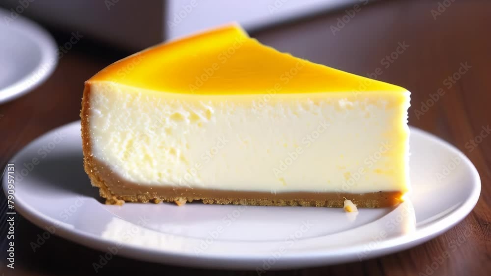 delicious slice of cheesecake on a white plate on a wooden table, 4k delicious slice of cheesecake on a white plate on a wooden table, 4k