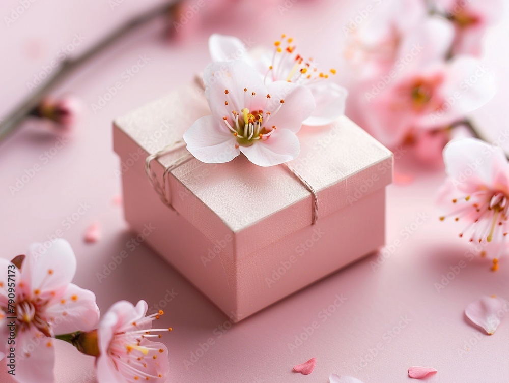 Pink gift box with spring flowers on pink background. Pink gift box with spring flowers on pink background.