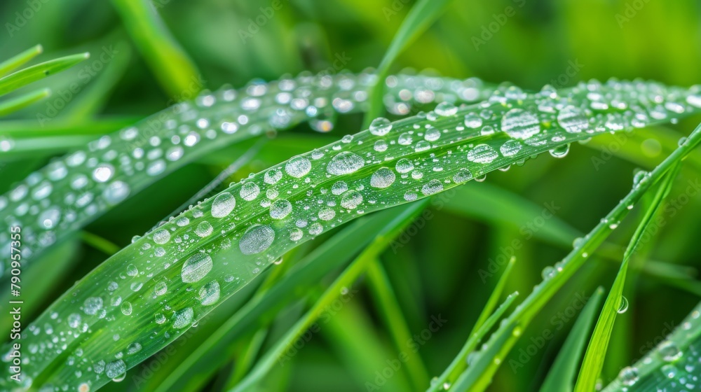 A macro image of water droplets forming intricate patterns on a blade of grass, capturing the delicate balance of nature in a dewy morning.