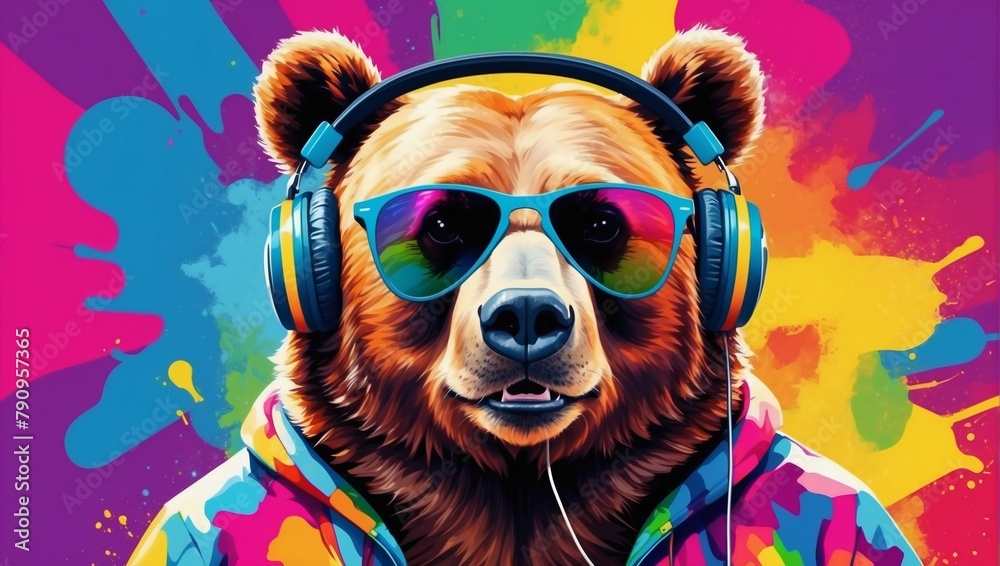 Portrait of a Party Bear with Headphones and Sunglasses on a Colorful Abstract Background.