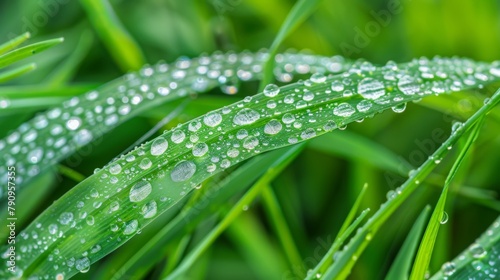 A macro image of water droplets forming intricate patterns on a blade of grass, capturing the delicate balance of nature in a dewy morning.