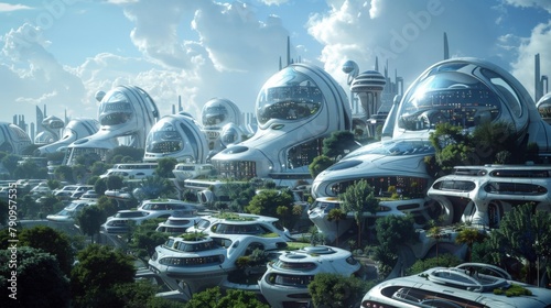 A futuristic cityscape with many buildings and a lot of greenery