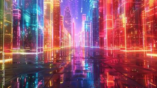 A neon cityscape with buildings in neon colors