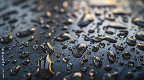 A macro shot capturing the intricate patterns formed by water droplets on a metal surface, revealing the beauty of surface tension and cohesion.