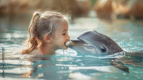 A young girl is kissing a dolphin in a pool photo