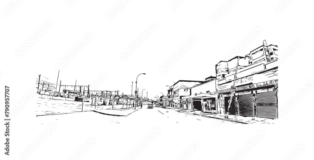 Print Building view with landmark of Springs is a city in United States. Hand drawn sketch illustration in vector.