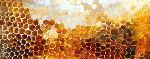 Watercolor painting of honeycomb hexagon pattern. Painted honeycomb background. Honey production, apiculture. Medicinal propolis, painted bee wax texture.