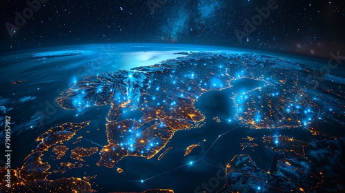 Interactive map of Scandinavia with glowing data points illustrating advanced technological connectivity