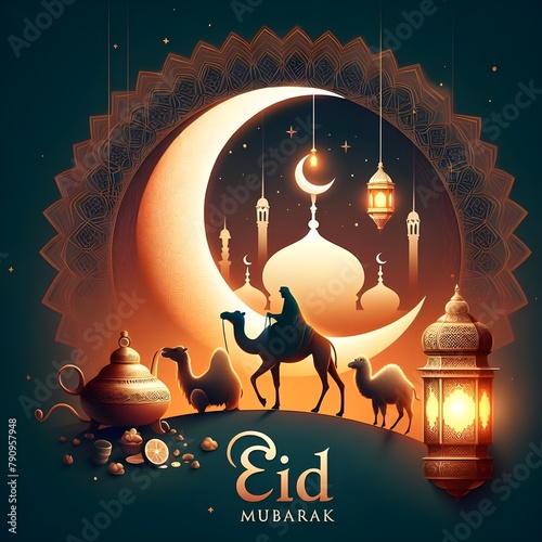 Eid mubarak, eid al adha mubarak with a camel and with a cloudy background with mosque , moon, lamps, stars  muslim festival 2024. Eid celebration, ai generated images