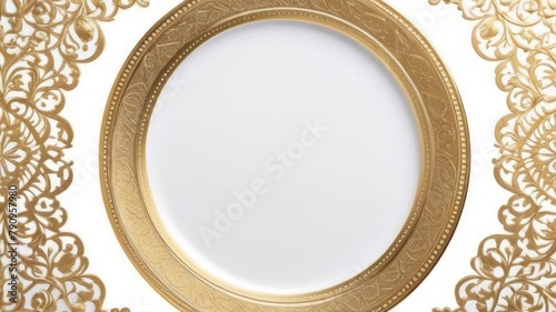 Empty round golden plate on a white isolated background. Top view, Place for text.