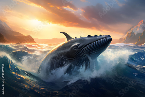 whale plays in the waves of the stormy ocean at sunset. World Dolphin Day. photo