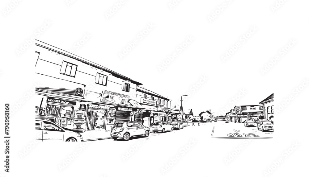 Print Building view with landmark of Springs is a city in United States. Hand drawn sketch illustration in vector.