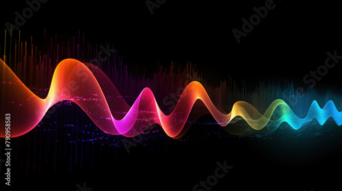 Colorful waves moving through dark space. Electromagnetic spectrum. Rainbow colored waveforms. Science and technology background. Light, sound, audio frequencies.