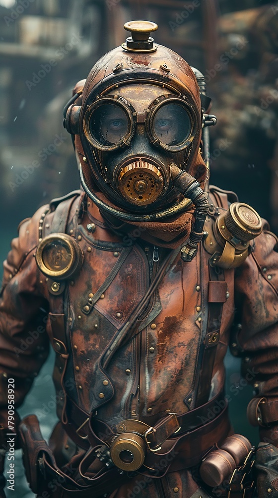 Steampunk underwater salvage operation, diving suits, treasure chests, coral reefs Steampunk underwater salvage operation, diving suits, treasure chests, coral reefs