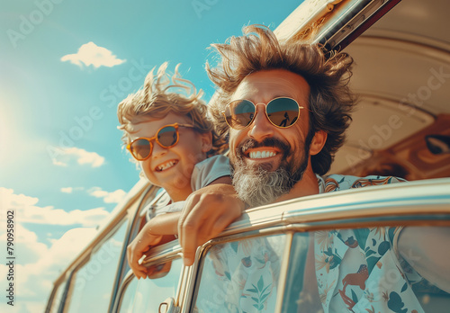 Father and son enjoy a sunny day at the beach, smiling happily as they ride on the open-top bus, both sporting sunglasses.