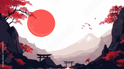 japanese landscape with mountains sun and sakura copy space empty background vector cartoon illustration