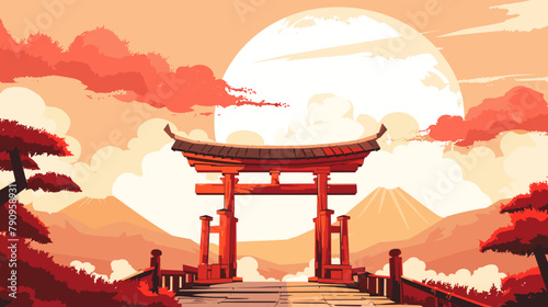 japanese landscape with mountains sun and sakura copy space empty background vector cartoon illustration