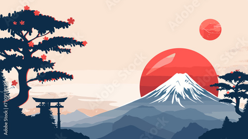 japanese landscape with mountains sun and sakura copy space empty background vector cartoon illustration