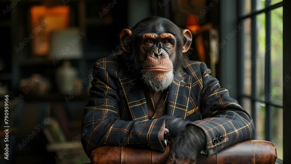Elegant Primate Portrait: Charisma in a Suit. Concept Animal Fashion, Monkey Modeling, Formal Attire, Dressed to Impress, Prim and Proper