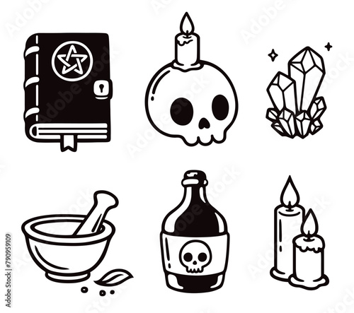 Cartoon spooky dark magic ritual doodles set