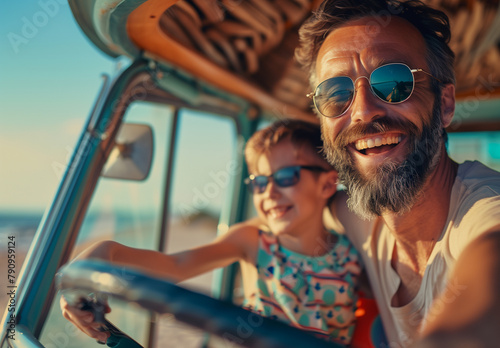 A joyful family, father and son, wearing sunglasses, travel on a bus with an open roof on a sunny beach day, smiles lighting up their faces with happiness and togetherness. photo