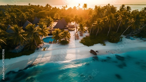 Aerial view of a beautiful tropical island with palm trees and a sandy beach at sunset