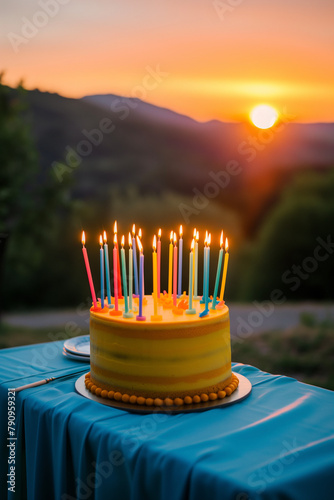 yellow cake with 30 colored candle photo