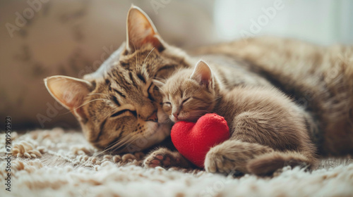 Happy mothers day with cute mom cat and kitten sleeping together with love heart