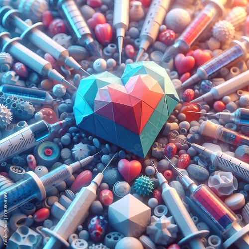 Colorful geometric heart amidst medical supplies symbolizing healthcare, treatment, and love in medication management photo