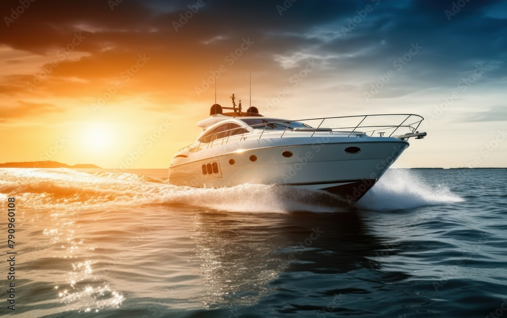 Naklejka premium Luxury Yacht Sailing on the Ocean at Sunset