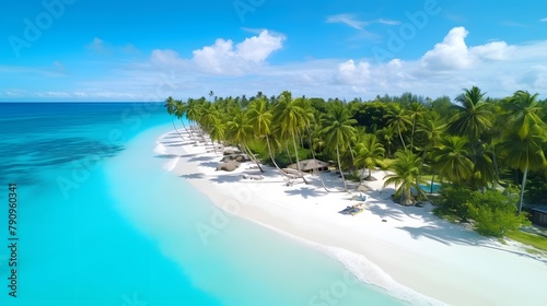 Panoramic aerial view of beautiful tropical beach with coconut palm trees. © Iman