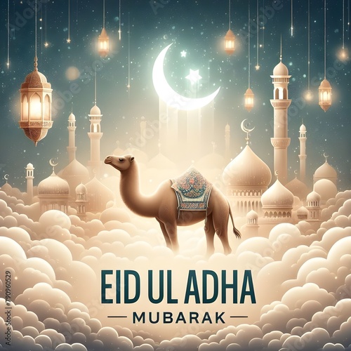 Eid mubarak, eid al adha mubarak with a camel, with a cloudy background with mosque , moon, lamps, stars, title EID UL ADHA MUBARAK  muslim festival 2024. Eid celebration, ai generated images