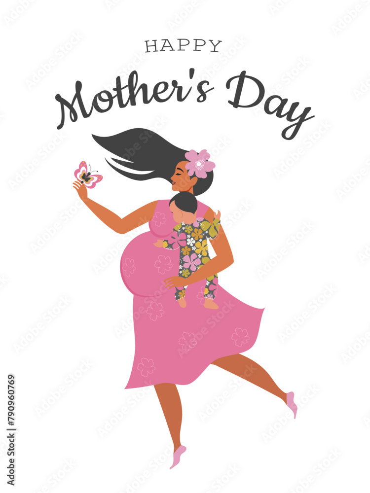 An incredibly happy and pregnant woman with a baby in her arms in a pink floral dress dances. Vector. An incredibly happy and pregnant woman with a baby in her arms in a pink floral dress dances. Vector.