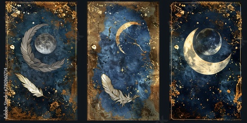 Luxury three panel wall art with marble and soft feather motifs each panel depicting a different phase of the moon photo