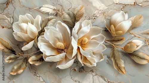 Luxury wall decoration with three panels of marble each adorned with a single bold magnolia and feather motifs