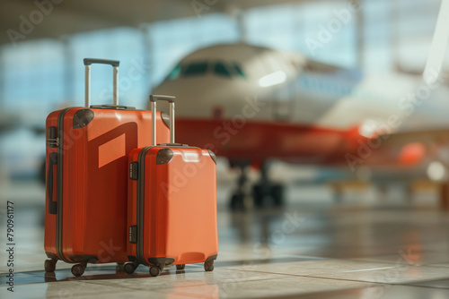 Two orange suitcases stand on the background of an airplane, realistic photo at the airport, concept of trip, travel, vacation.
