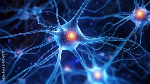 Neural network of the brain, detailed representation of activated glowing brain neurons. Neurons firing in the brain. Neural activity, brain function, learning and cognition concepts.