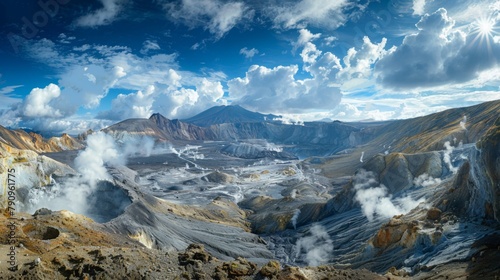 A panoramic view of a volcanic caldera, with steam vents and fumaroles dotting the landscape, revealing
