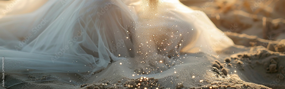 Fototapeta premium Bridal Dress Hem on Beach at Sunset