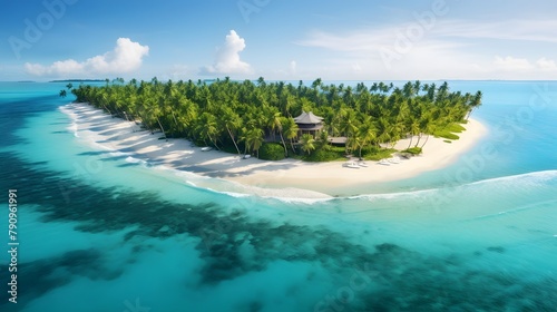 Tropical island with palm trees and turquoise ocean, aerial view