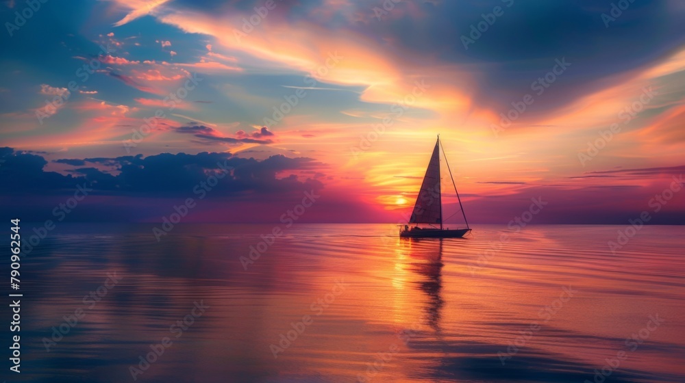 A picturesque seascape with a lone sailboat silhouetted against a vibrant sunset sky, capturing the magic of twilight at sea.