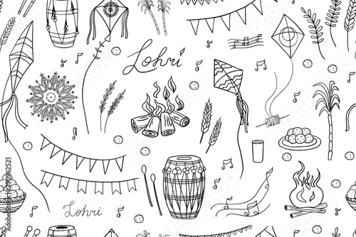 Seamless pattern celebrating Indian festival Happy Lohri. Kite, rye, spikelet, drums, bonfire, wheat, harvest, sugarcane. Popular winter Punjabi folk festival. Hand drawn